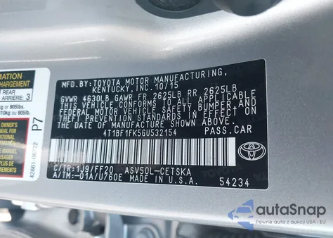 2016 Toyota Camry Se z USA, uszkodzony, nr VIN 4T1BF1FK5GU532154